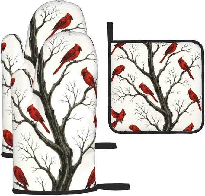 Christmas Pot Holders and Oven Mitts Set of 3, Winter Red Cardinal Kitchen by Unknown