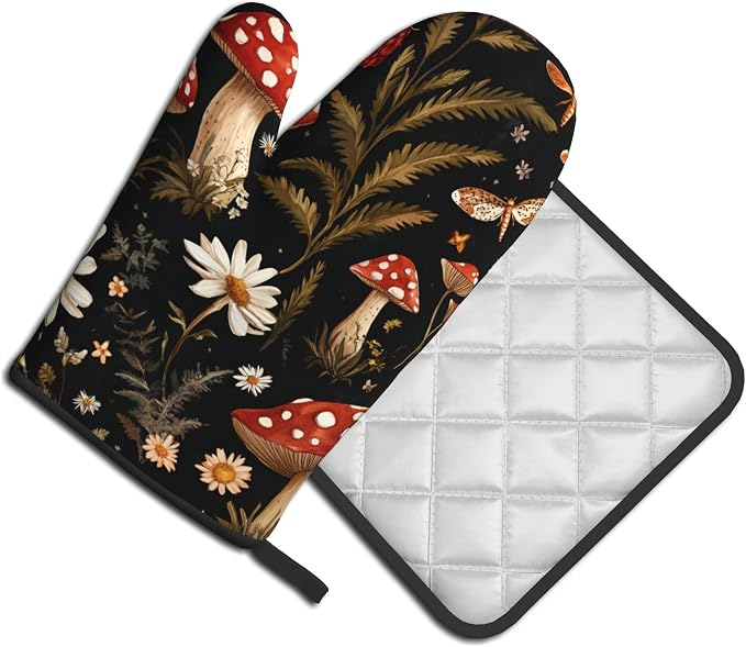 Mushroom Oven Mitt Pot Holder Set Vintage Floral BBQ Cooking Gloves - Image 2