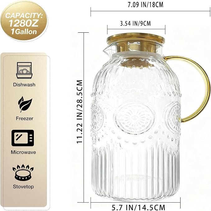 Amzcku Glass Pitcher with Lid, 1 Gallon/128 oz Vintage Water Pitcher, Water - Image 2