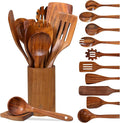 12 Piece Wooden Spoons for Cooking, Natural Teak Wooden Utensils Set, Handmade by Vorisebo