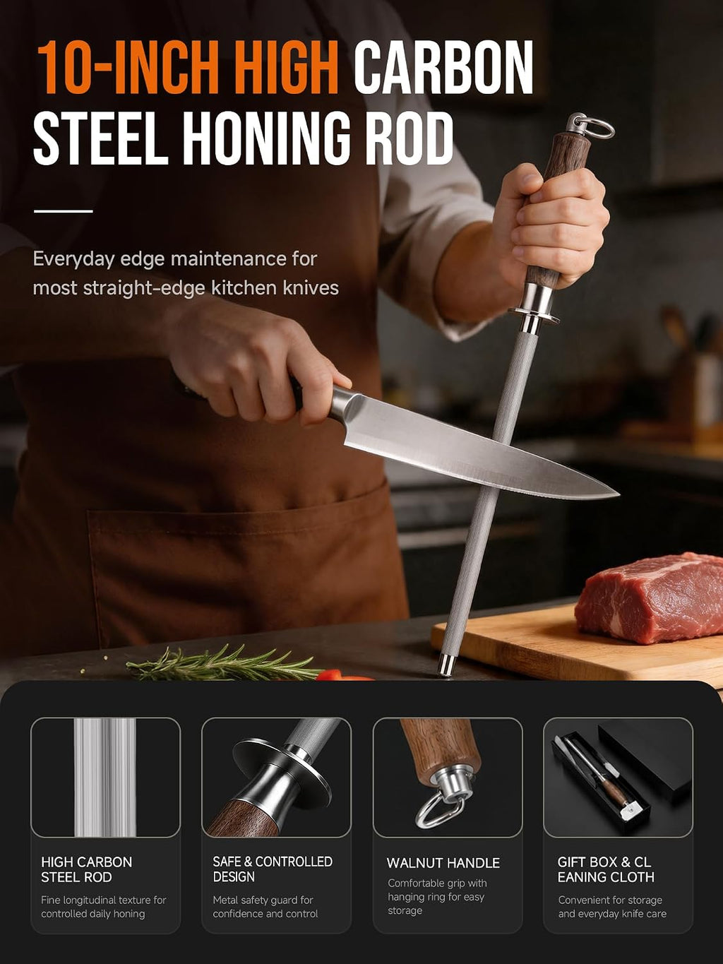10 Inch Honing Steel for Knives, High Carbon Steel Knife Sharpener Rod