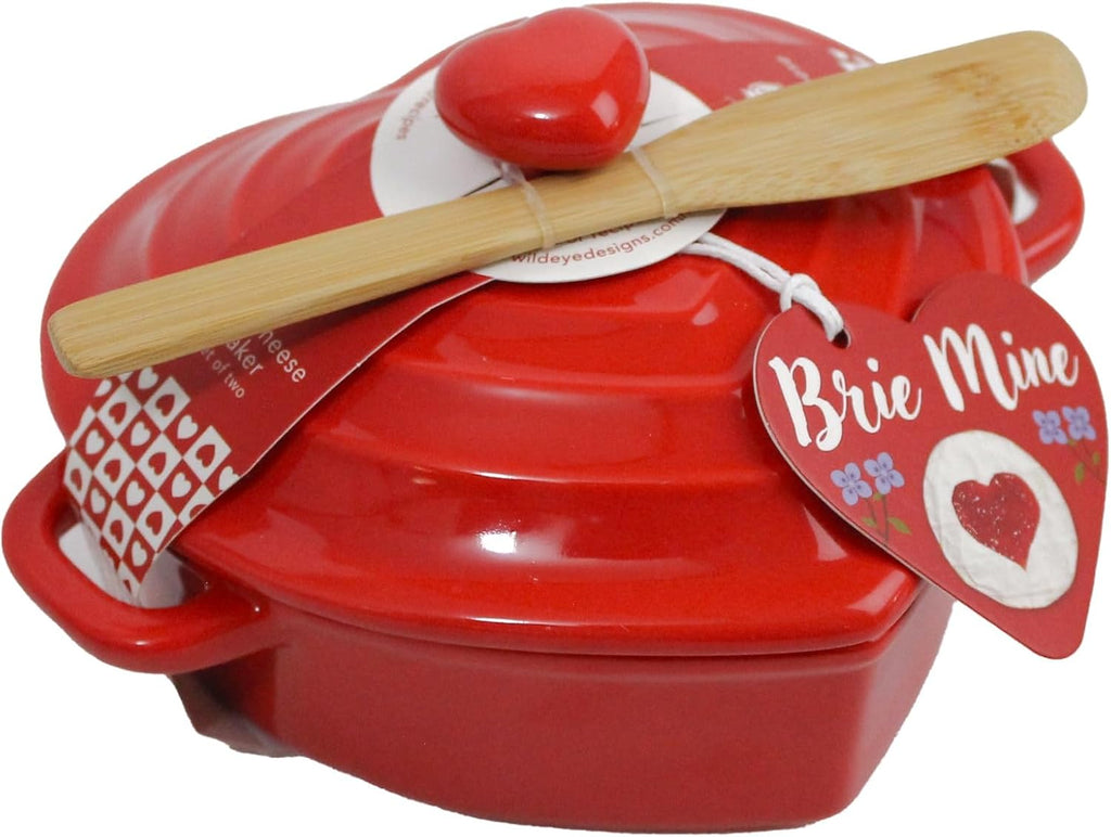 Ceramic "BRIE MINE" Heart Shaped Brie Baker With Lid, Side Handles And