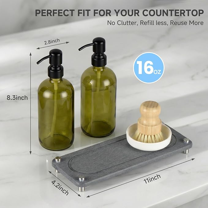 2 Pack Kitchen Soap Dispenser Set - 16oz Green Glass Dish and Hand Soap - Image 5
