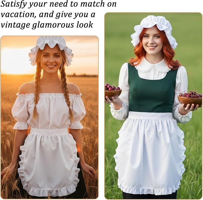 Tucnoeu 2pcs White Mob Cap Half Apron Halloween Colonial Costume Set Women - Image 4