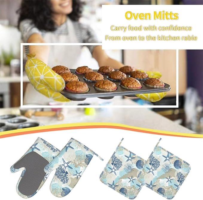 Nautical Coastal Oven Mitts Pot Holders Cooking Apron Set of 5 Silicone - Image 7