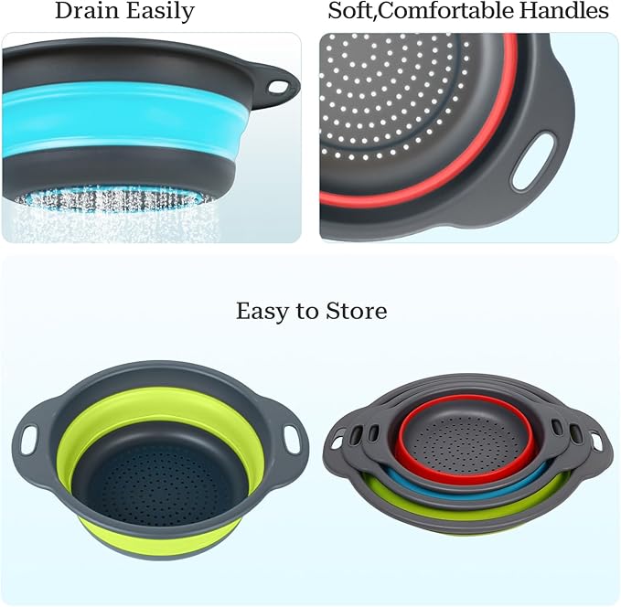 Collapsible Colander 3-Pack Set Space-Saving Foldable Kitchen Strainer - Image 4