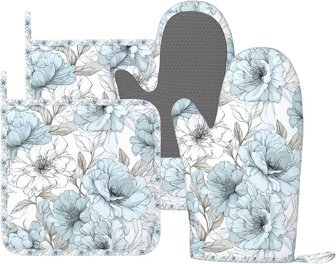 Oven Mitts and Pot Holders Set, Vintage Pastel Flower Peony Silicone Kitchen by DADABULIU