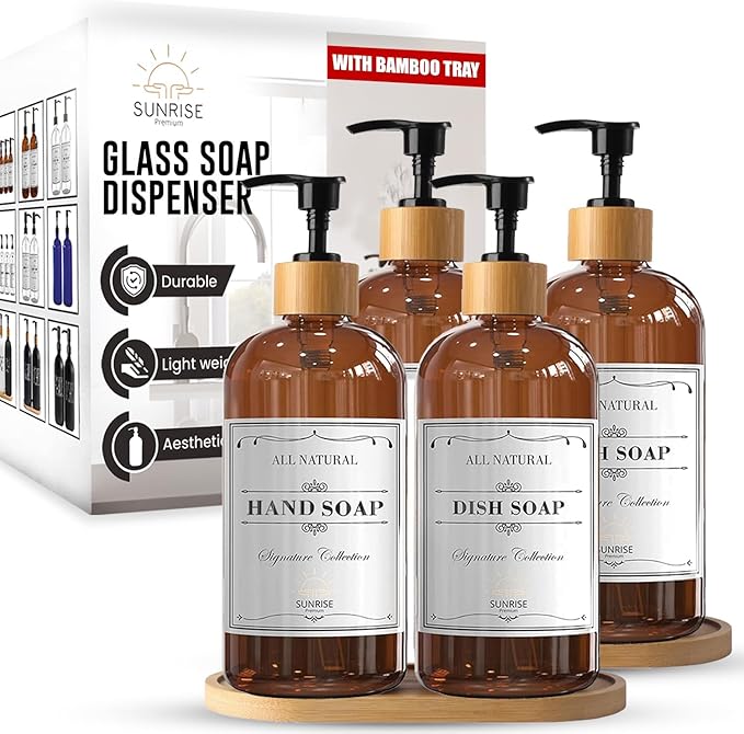 Sunrise Premium 16 OZ Thick Amber Glass Soap Dispenser, Bamboo Pump by SunrisePremium