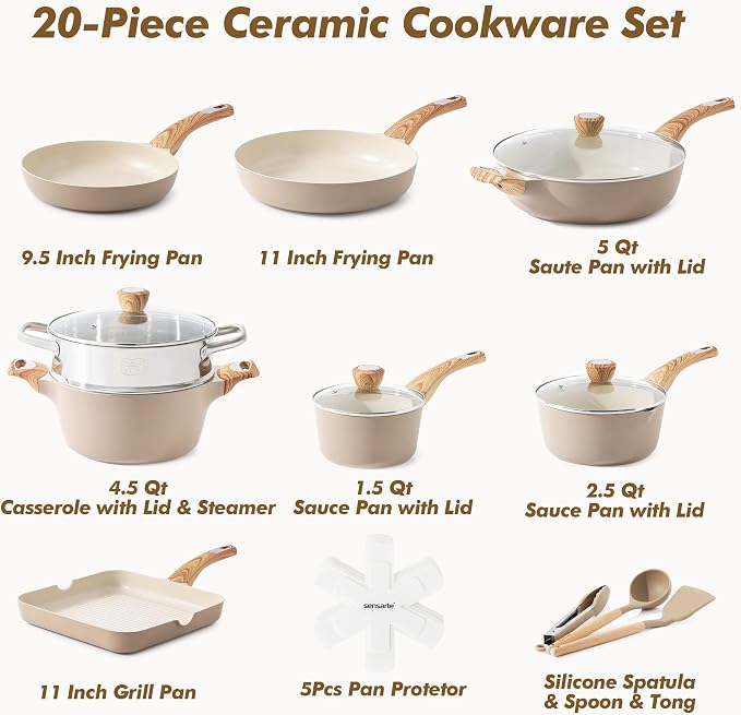 SENSARTE Ceramic Cookware Sets, Pots and Pans Set Nonstick, 20-Piece Induction - Image 3