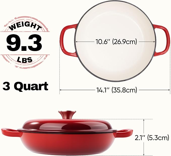 3 Quart Enameled Cast Iron Braiser, Non Stick Enameled Cast Iron Skillet - Image 4
