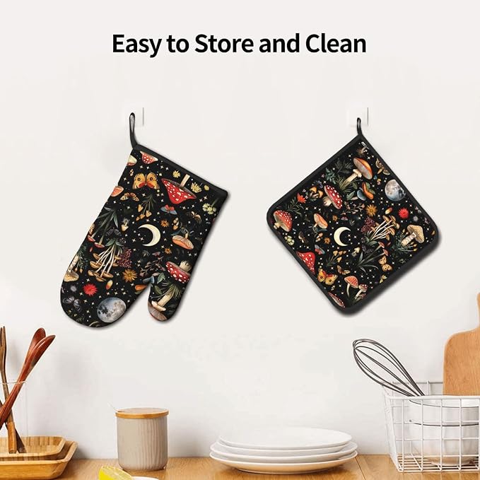 Cute Mushroom Oven Mitts and Pot Holders Sets of 3, Heat Resistant Black Hot - Image 6