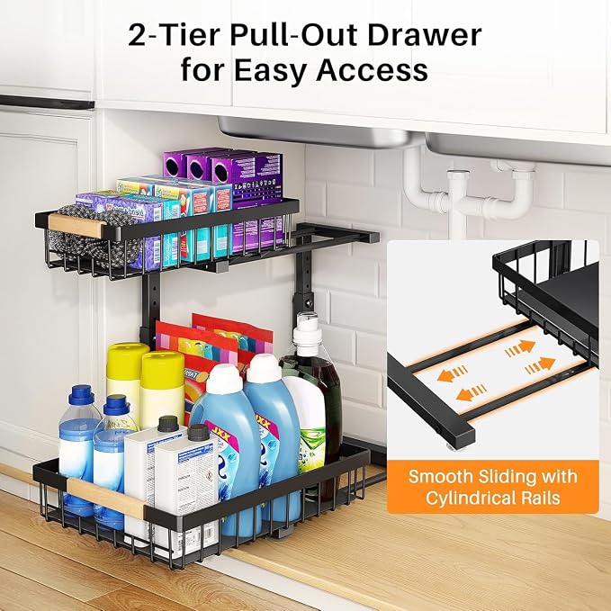 PXRACK Under Sink Organizer, Adjustable Height, 2 Tier Pull Out Under Cabinet - Image 3
