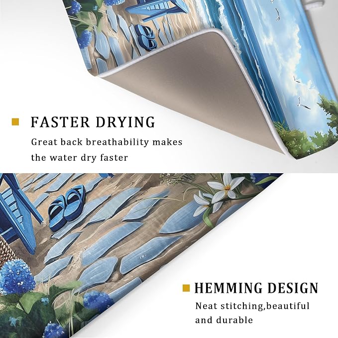 Summer Beach Dish Drying Mat 18x24 Inch Sea Shells Flowers Kitchen Mats Blue - Image 3