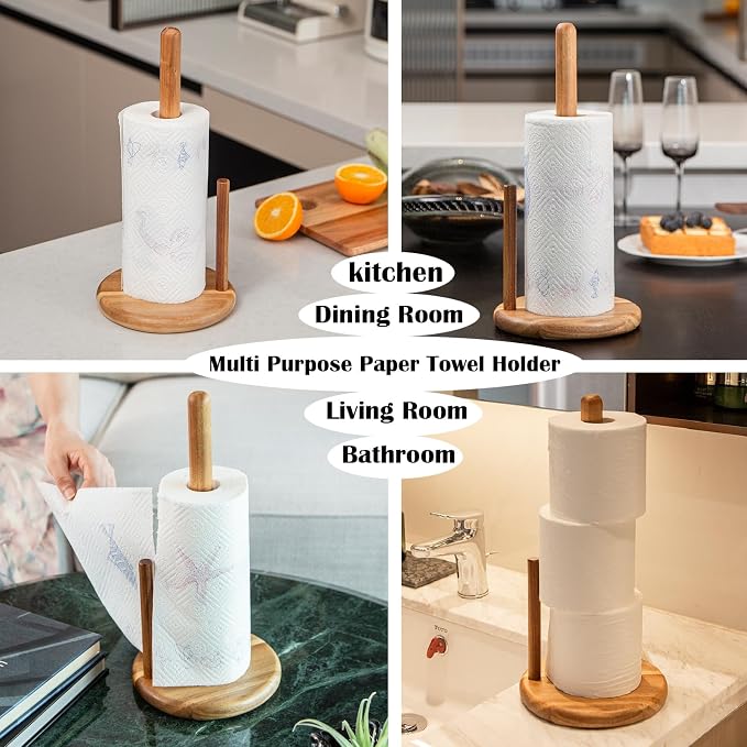14" Acacia Wooden Paper Towel Holder, 6.7" Large Heavy Base Wooden Kitchen - Image 7