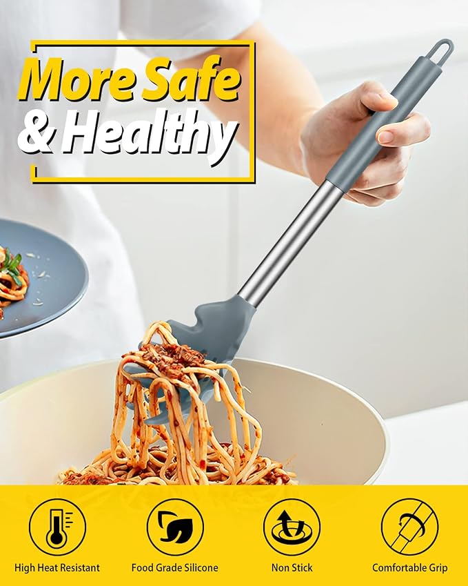 Silicone Pasta Fork and Ladle Spoon Set, Large Non Stick Kitchen Utensils - Image 3