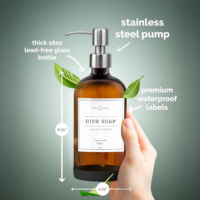 Vine Creations Amber Glass Soap Dispenser, 2 Pack Kitchen Soap Dispenser Set - Image 5