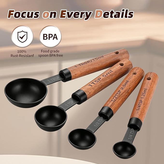 Stainless Steel Measuring Cups and Spoons Set of 8, Stackable Wooden Handle - Image 5