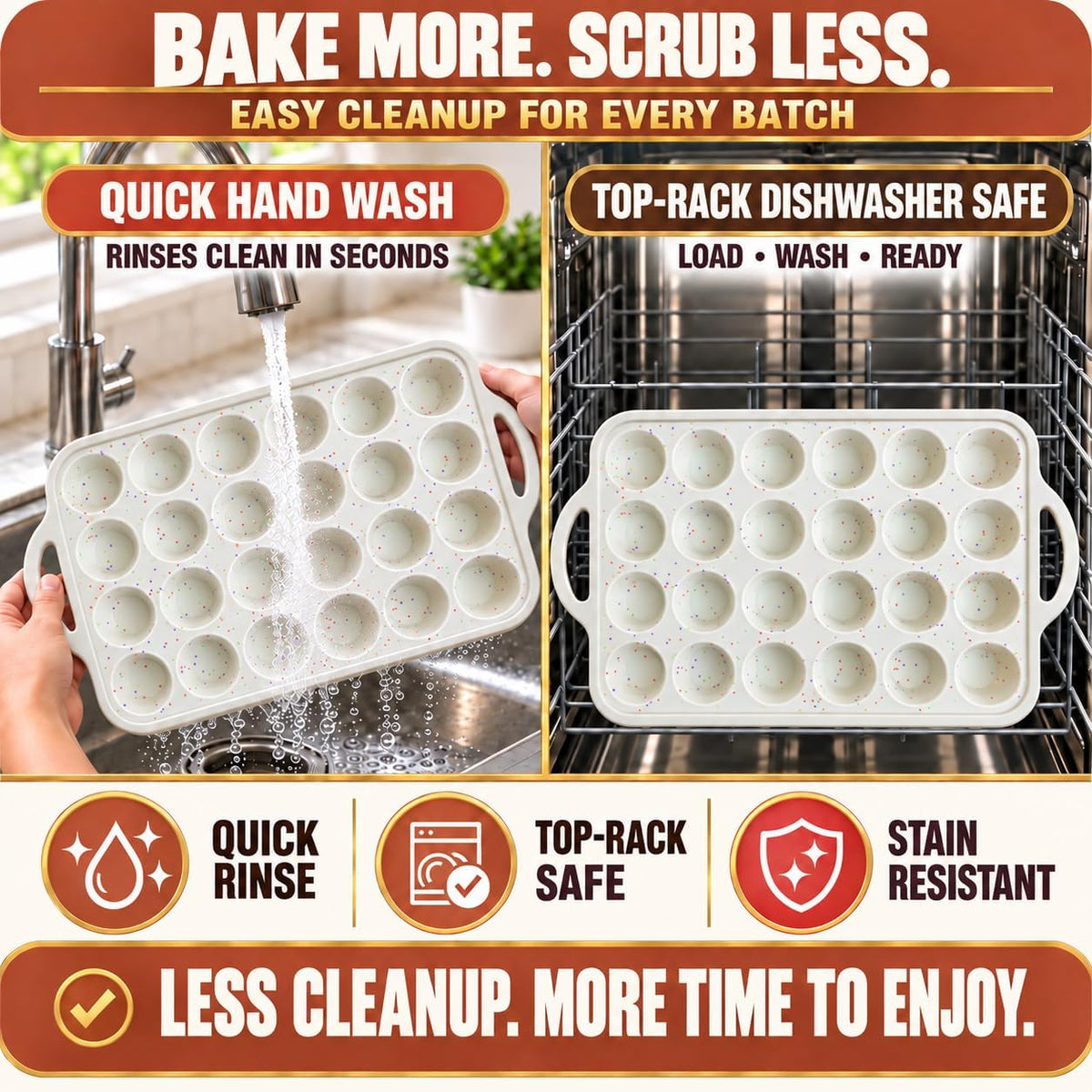 Silicone Mini Muffin Pan, 24 Cup 2 Pack with Metal Reinforced Frame