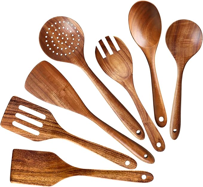 7 Pcs Acacia Wood Cooking Utensils Set Large Wooden Spoons by Renawe