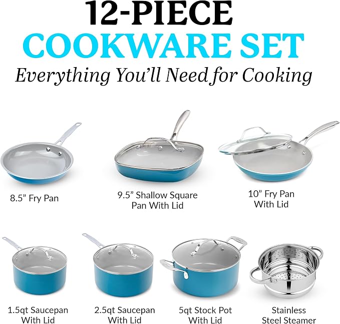 Gotham Steel Aqua Blue Pots and Pans Set, 12 Piece Nonstick Ceramic Cookware - Image 2