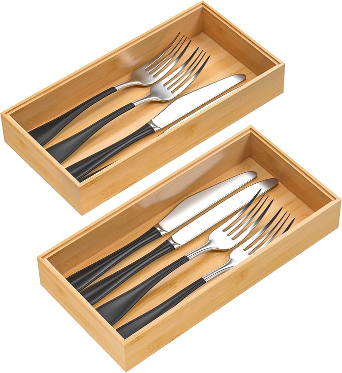 VeyFey Silverware Tray for Drawer, Stackable Kitchen Bamboo Drawer Organizer by VeyFey