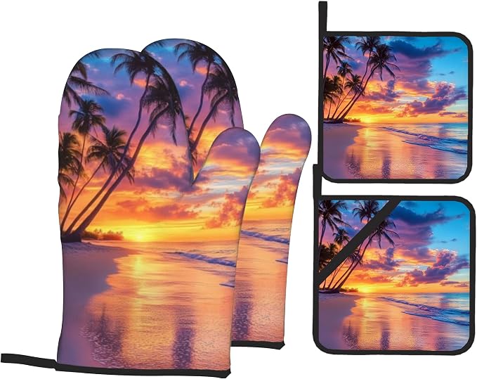 Palm Tree Seaside Pattern Oven Gloves and Hot Pads Set by Unknown