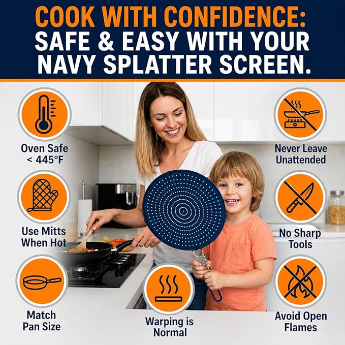 Silicone Splatter Screen for Frying Pan, 13” Navy – Grease & Oil Splatter Guard - Image 7