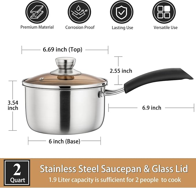P&P CHEF 2 Quart Saucepan Small Pot, Stainless Steel Saucepan - Image 5