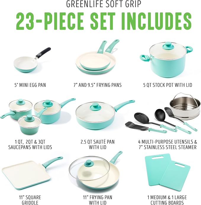GreenLife Soft Grip 23 Piece Kitchen Cookware Pots and Frying Saucepans Set - Image 3