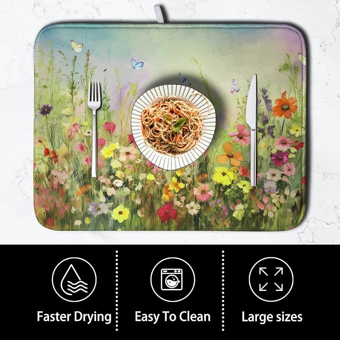 Spring Floral Dish Drying Mat for Kitchen Counter 16x18 Inch Sage Green Wild - Image 4