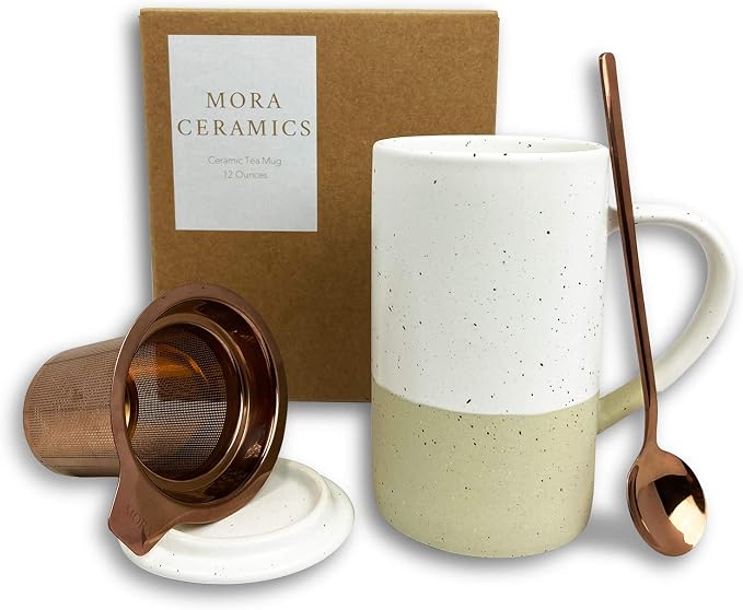 Mora Ceramics Tea Cup with Loose Leaf Infuser, Spoon and Lid, 12 oz, Microwave by MORA