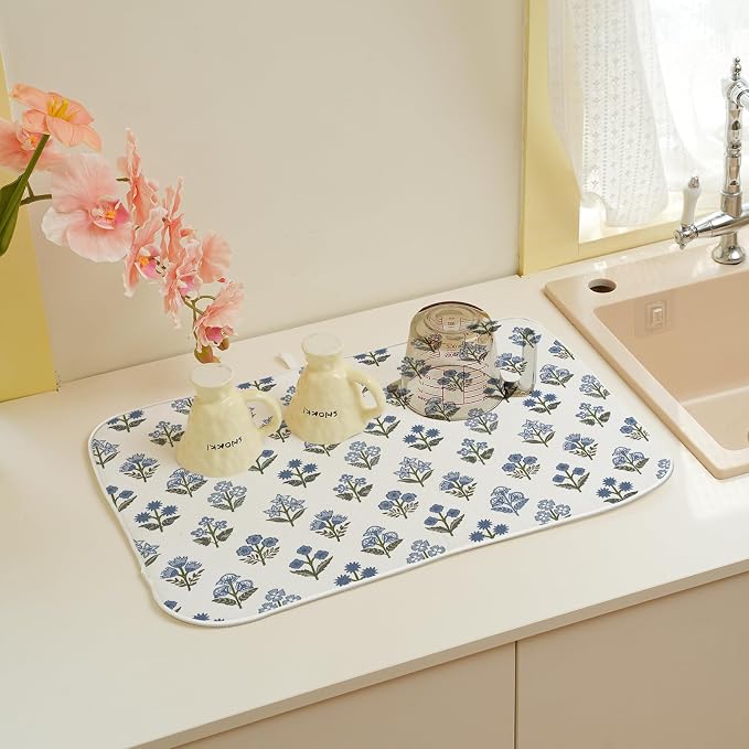 Blue Green Dish Drying Mat 18x24 Inch Vintage Block Print Floral Drying Mat - Image 6