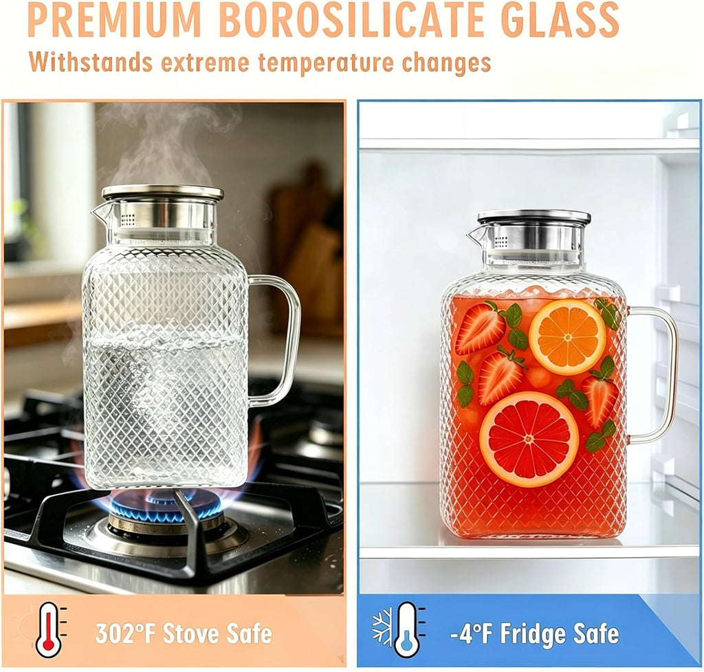 Glass Pitcher with Lid, 1 Gallon Glass Water Pitcher with Handle for