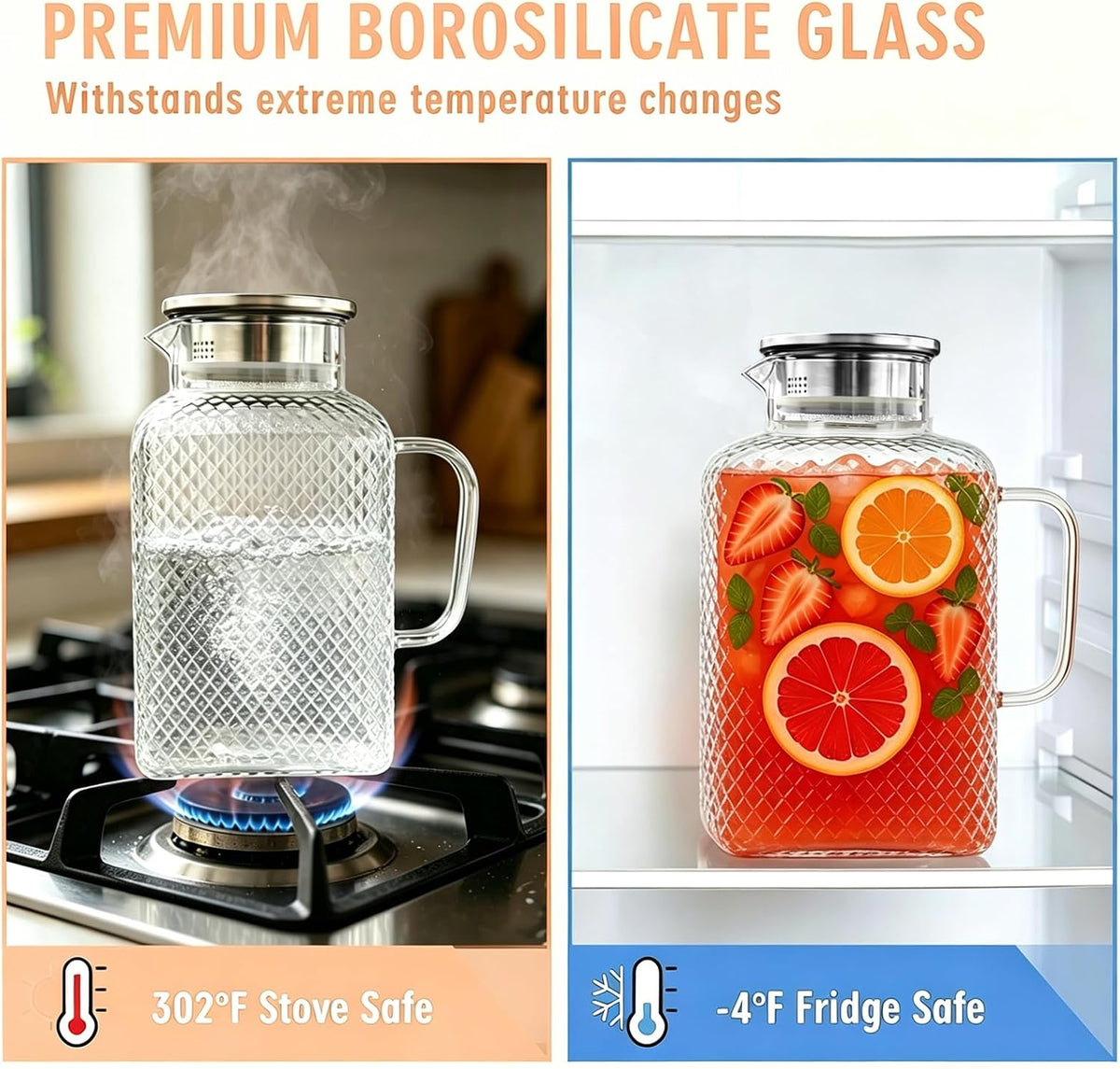 Glass Pitcher with Lid, 1 Gallon Glass Water Pitcher with Handle for