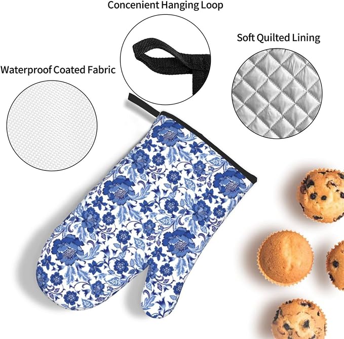Navy Blue Floral Oven Mitts and Pot Holders Sets, Heat Resistant Oven Gloves - Image 5