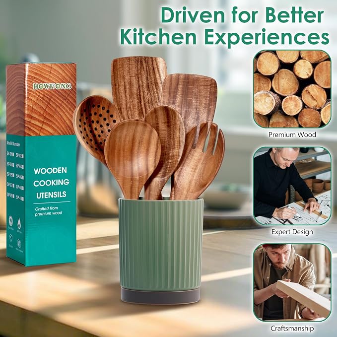 HOWHONG Wooden Spoons for Cooking, Teak Wood Kitchen Utensil Set, Premium - Image 7