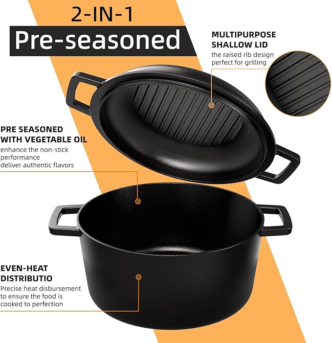 2-in-1 Pre-Seasoned Cast Iron Double Dutch Oven Pot - Image 3