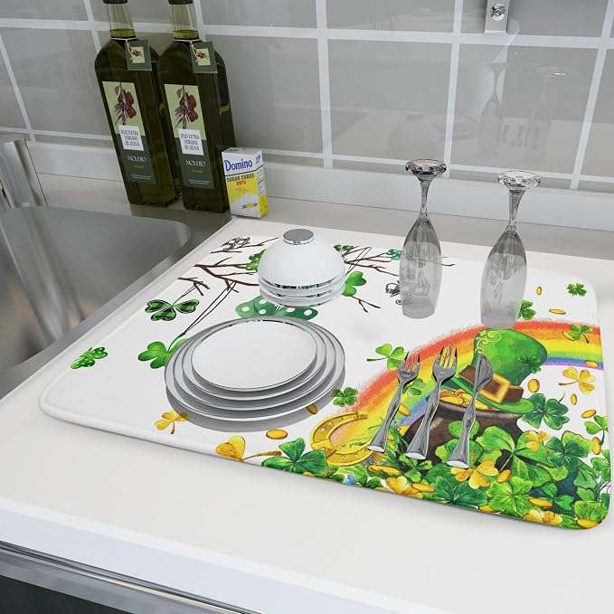 Giwawa St Patrick Dish Drying Mat Large Lucky Clover Tree Shamrock Dish Drainer - Image 6
