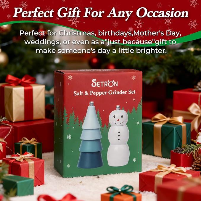 Christmas Salt and Pepper Grinder Set, Snowman & Tree Refillable Salt and - Image 8