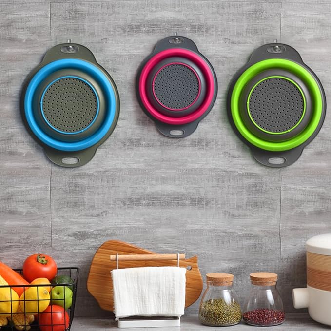 Qimh Collapsible Colander Set of 3 Round Silicone Kitchen Strainer Set - Image 4