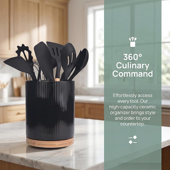 QUELIEN Utensil Holder, 360° Rotating Ceramic Kitchen Utensil Holder - Image 3