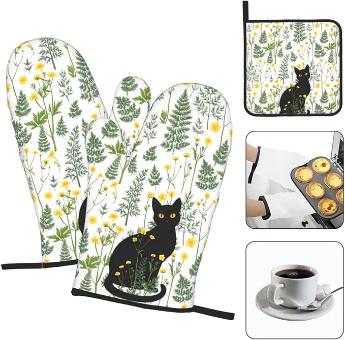 Black Cat Wildflower Hot Pads and Oven Mitts Set of 3, Spring Summer Plants - Image 3