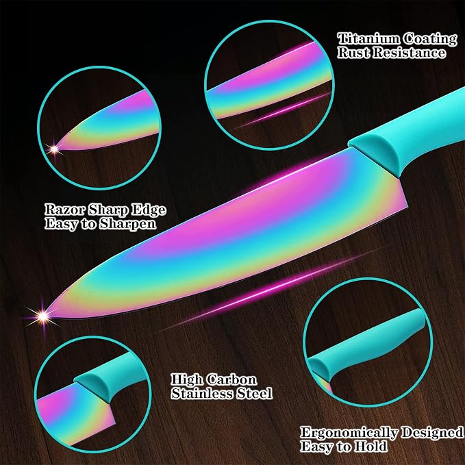 Marco Almond Kitchen Knife Set, KYA37 12-Piece Rainbow Titanium Stainless Steel - Image 3