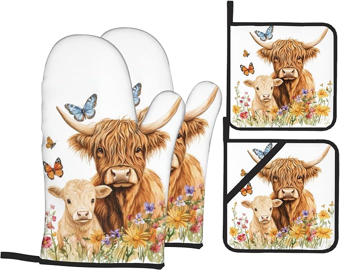 Highland Cow Flower Oven Mitts by Unknown