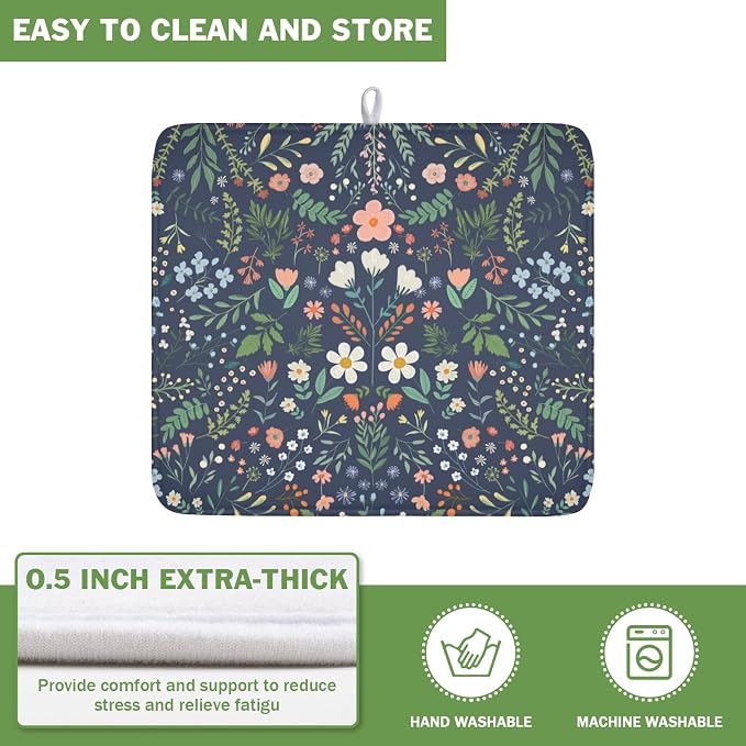 Floral Dish Drying Mat for Kitchen Counter Rustic Flower Leaves Print - Image 5