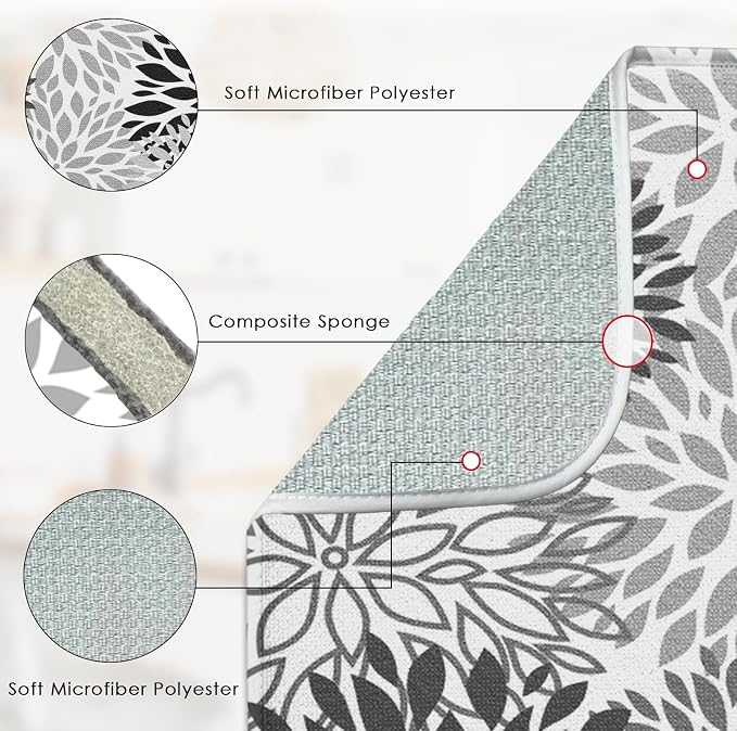 Sanwarm Absorbent Dish Drying Mat, Vintage Spring Leaf Gray Floral Flower - Image 3