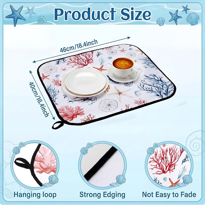 Breling Summer Dish Drying Mat Beach Kitchen Dry Mat 16 x 18 Inch Seahorse Blue - Image 3