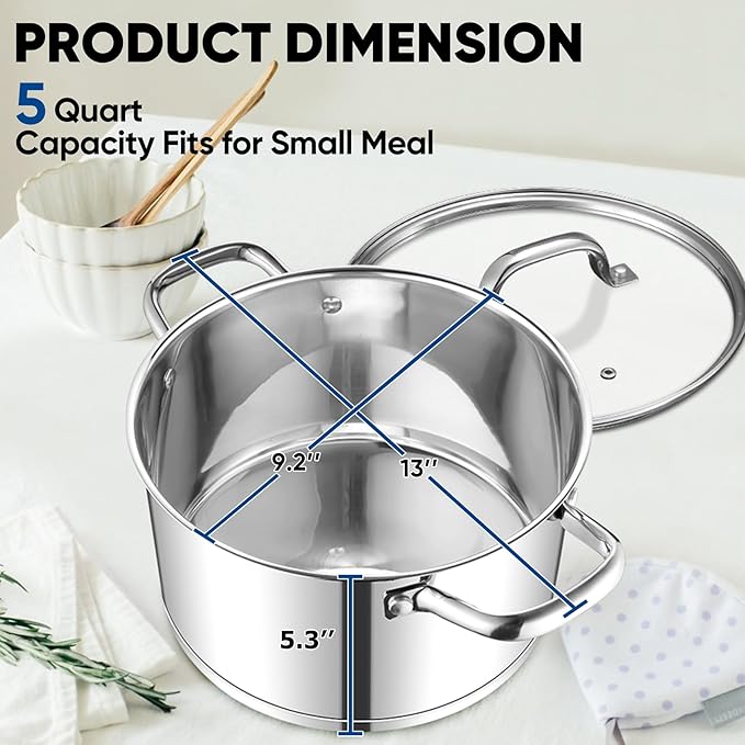 TeamFar 5 QT Stock Pot, Tri-ply Bottom Stainless Steel Stockpot Cooking Soup - Image 2