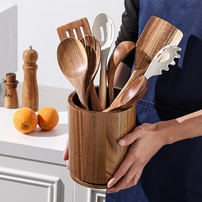Wooden Utensil Holder, 360°Rotating 7.3'' Large Utensil Holder - Image 7