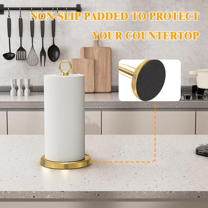 Gold Paper Towel Holder Countertop, One-Handed Tear, Stainless Steel, Weighted - Image 6